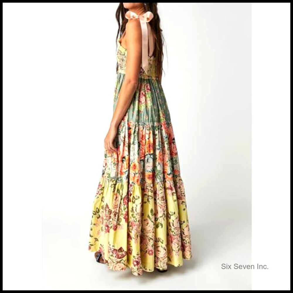 Polyester Floral Maxi Dress Smocked Bodice Tie Shoulder Pockets Boho - Picture 2 of 6